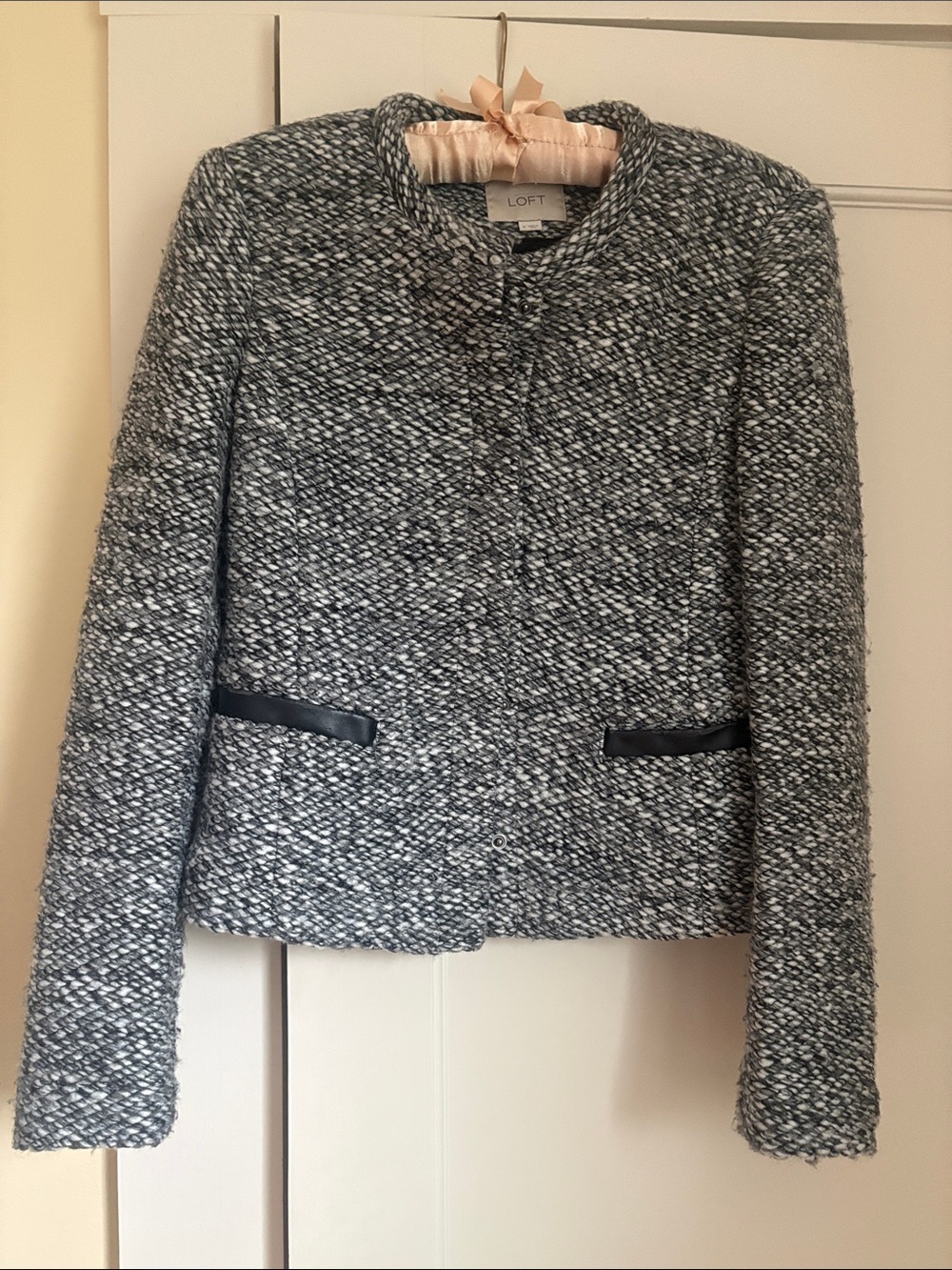 LOFT Black and White Tweed Collarless Blazer